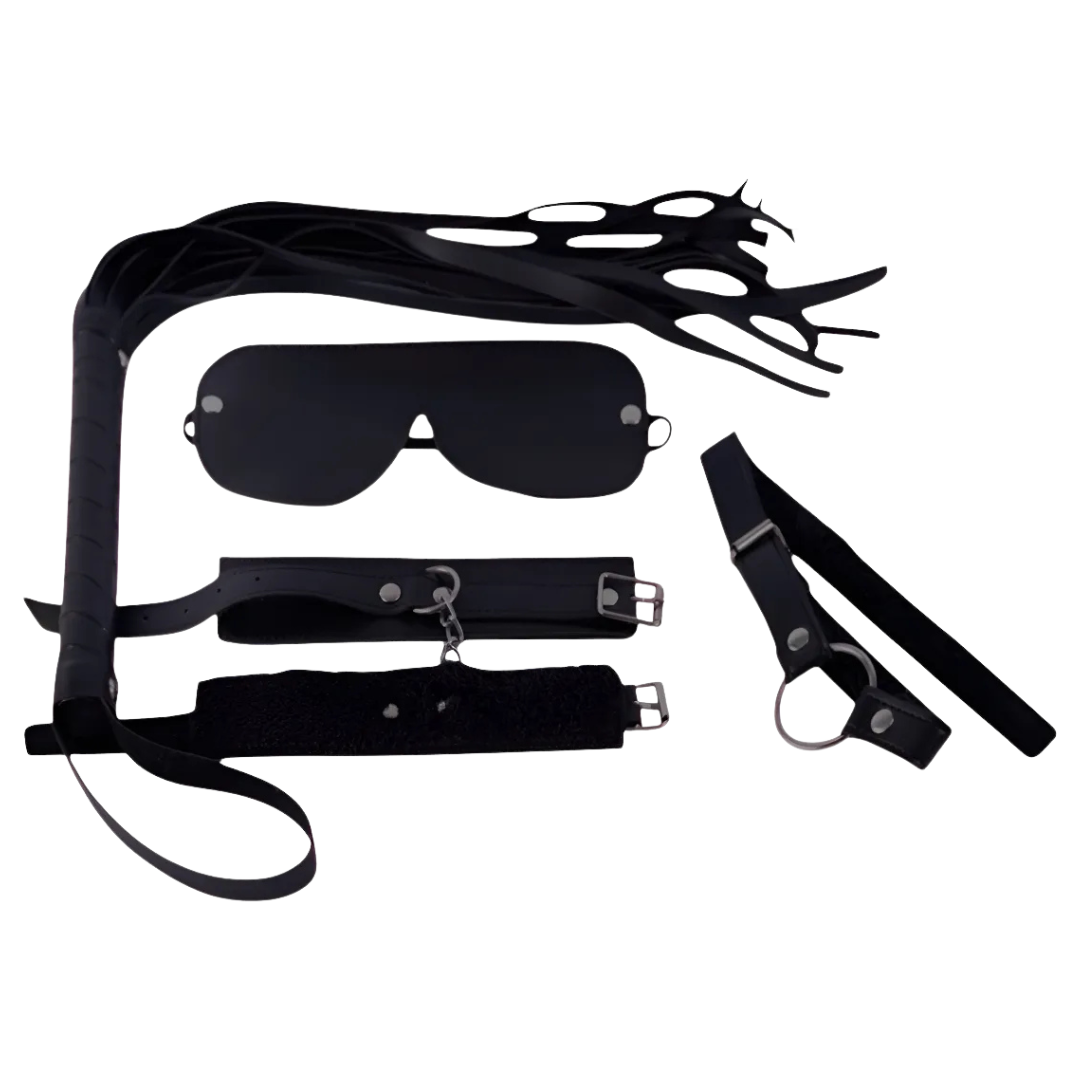 Kit ecocuero negro con antifaz, mordaza, esposas y latigo